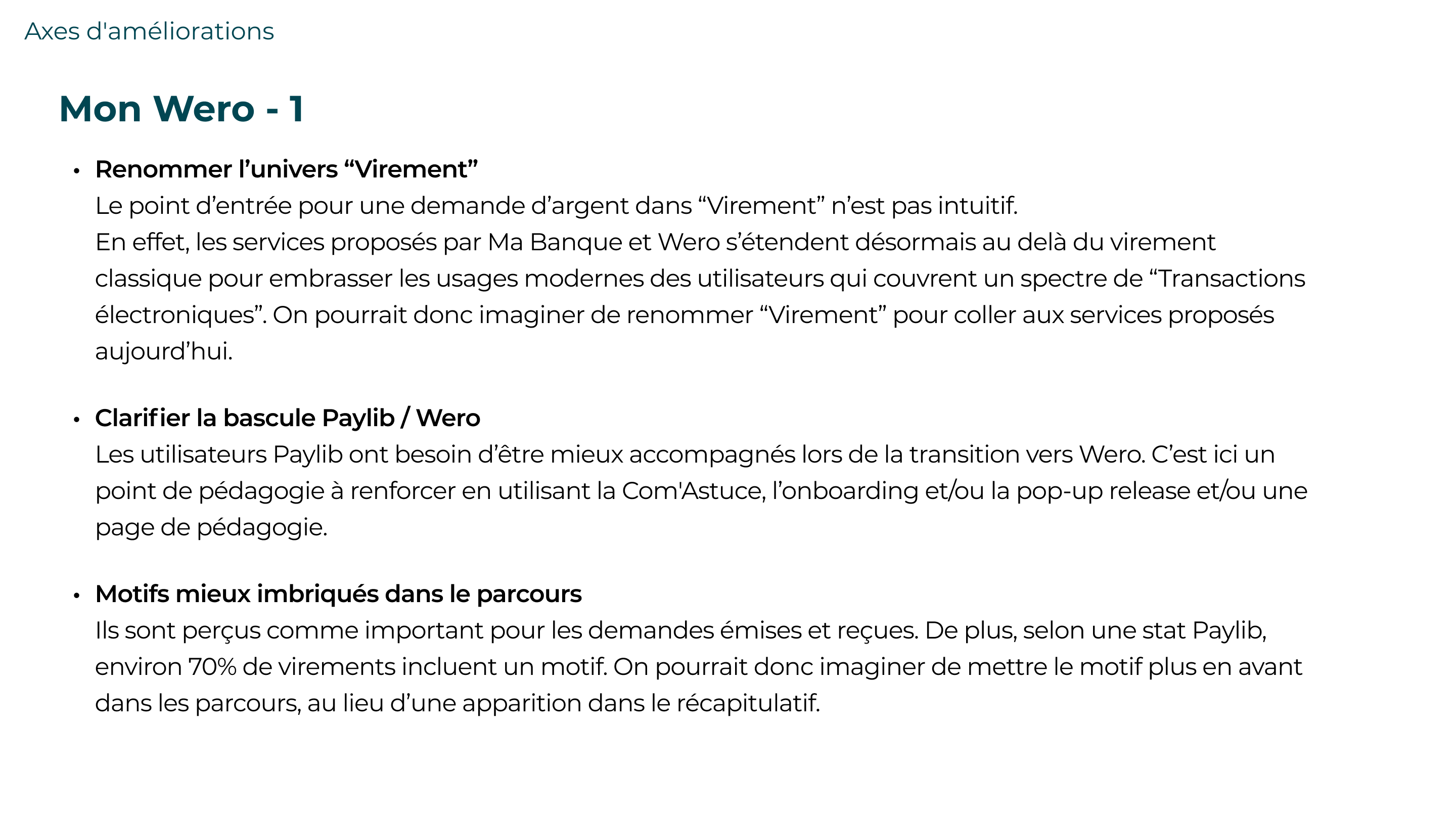 Axes d'amélioration Mon Wero 1